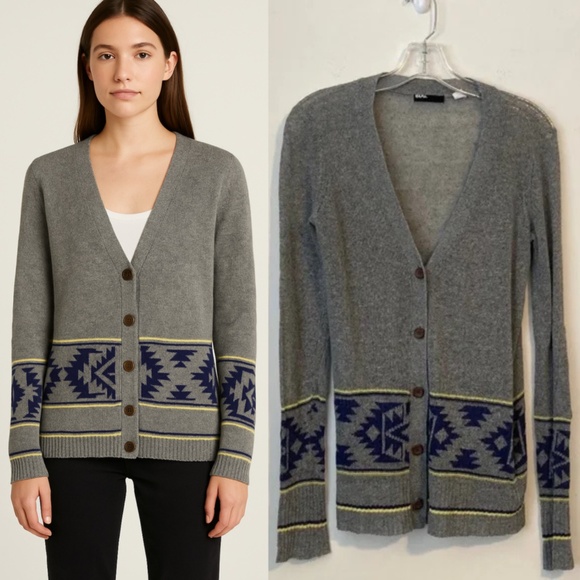 BDG Gray Button Up Cardigan With Tribal Pattern - Picture 1 of 6